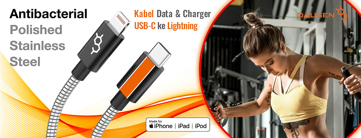 DAUSEN Kabel Data & Charger USB-C ke MFi Lightning - Stainless Steel Metal Braided  